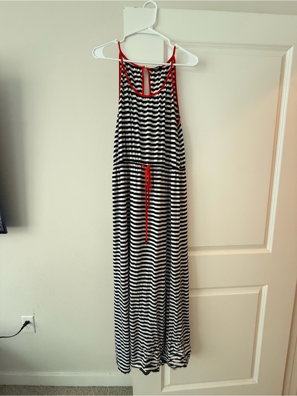 Premise Black & White Striped Midi Dress with Red Trim